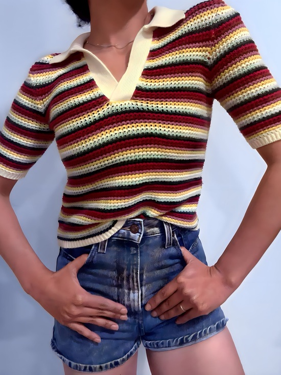 Marine Layer Tops - 🌈 Retro Marine Layer Multi-Stripe Crochet Polo Sweater 🌈